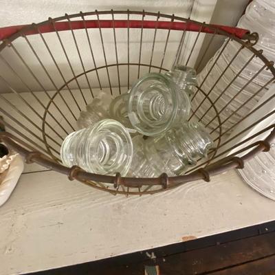 Basket of Vintage Glass Insulators & Egg Basket