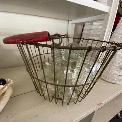 Basket of Vintage Glass Insulators & Egg Basket