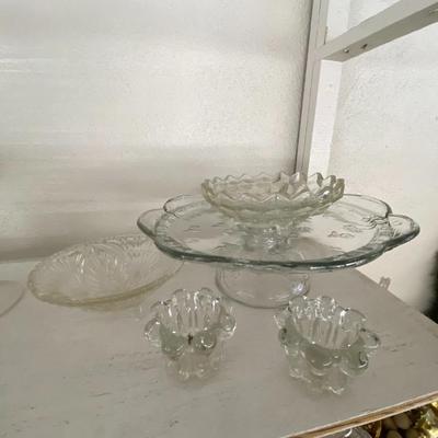 Farmhouse Mercantile Set of Five Glassware Cake Tray, Bowls, and Tealight Holders Lot
