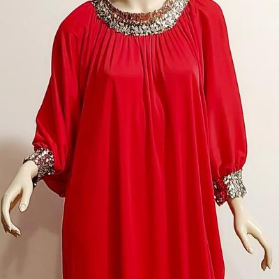 Vtg 1970s Lipstick ðŸ’„ Red Kaftan kimono Cocoon w/Silver Sequins