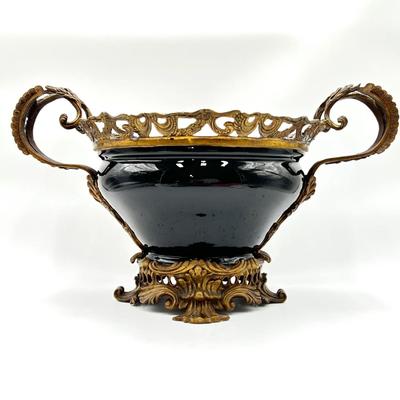 Vtg Heavy Ornate Brass and Porcelain Planter Bowl