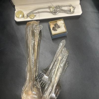 Coach Panther Necklace, Earrings and Silverplate Ring, Utensils