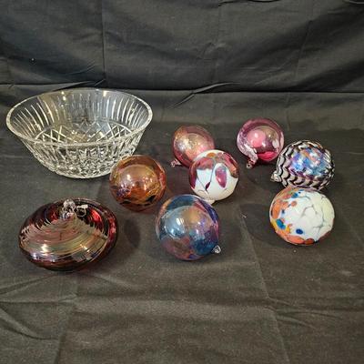 Blown Glass Ornaments & Waterford Bowl (L-JS)