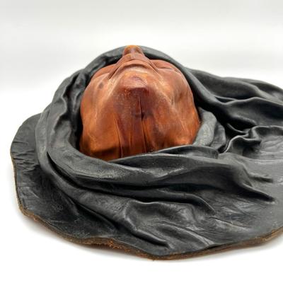 Vintage Leather Mask Sculpture of Face with Shroud