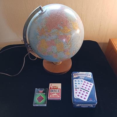 LIGHTED GLOBE, NEW DOMINOES AND PLAYING CARDS