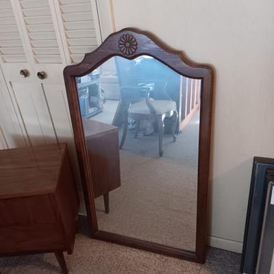 WOOD FRAMED WALL HUNG MIRROR AND 2 DRAWER CHEST