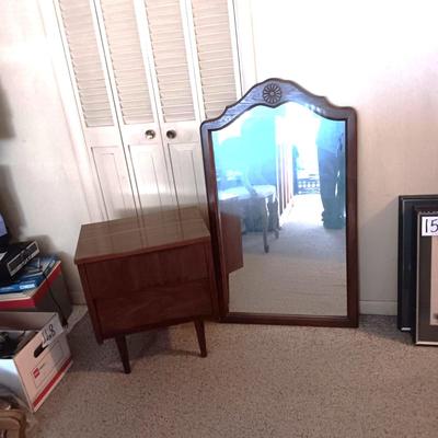 WOOD FRAMED WALL HUNG MIRROR AND 2 DRAWER CHEST