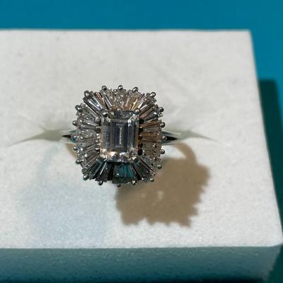 Vintage Sterling Silver Emerald Cut CZ Ballerina Ring Size Full 7-3/4 in VG Preowned Condition as Pictured.