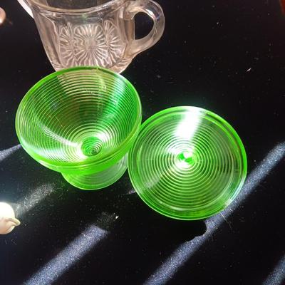 DEPRESSION GLASS, TINY TEA SET AND MORE