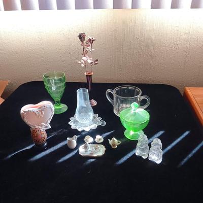 DEPRESSION GLASS, TINY TEA SET AND MORE