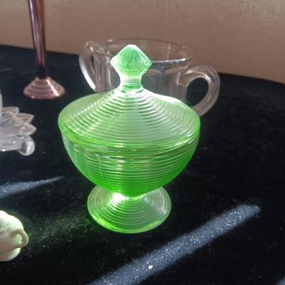 DEPRESSION GLASS, TINY TEA SET AND MORE