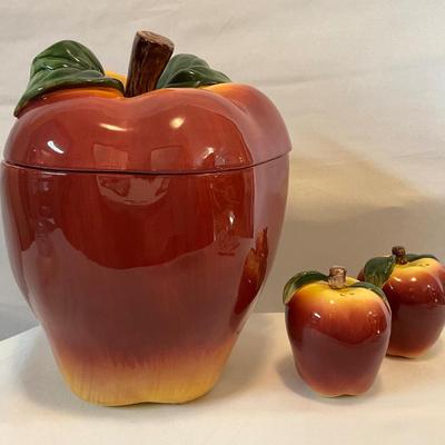 Red Heart Apple cookie jar, salt, and pepper shakers