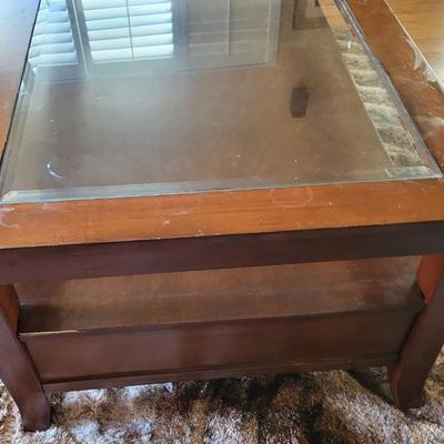 Glass Top Wood 4 Drawer Coffee Table