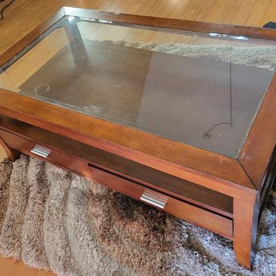 Glass Top Wood 4 Drawer Coffee Table