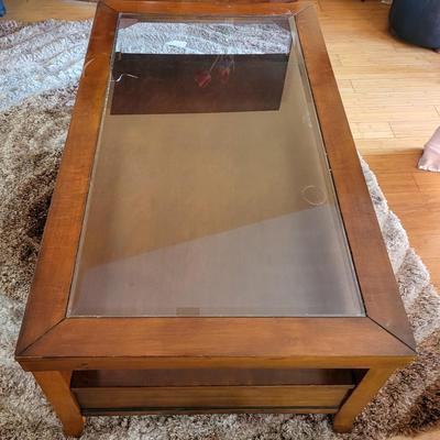 Glass Top Wood 4 Drawer Coffee Table