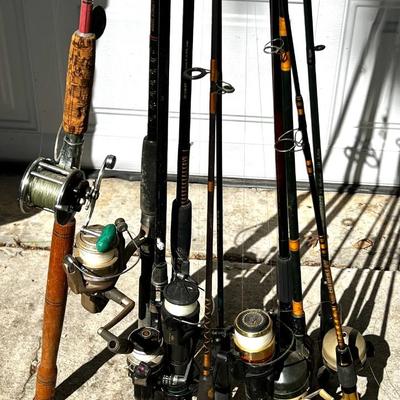 Group of 10 Rods and 9 Reels Including Deep Sea Fishing Rod