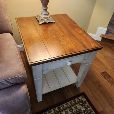 Pair Wood Side Tables with Drawer & Lower Shelf