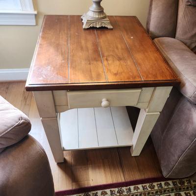 Pair Wood Side Tables with Drawer & Lower Shelf