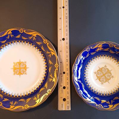 LOT 3: Mintons Colbalt Blue and Gold Teapot Cups and Saucers, Cookie Plates, Square Biscuit Plate and More