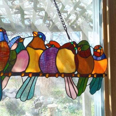 LOT 10: Large Stained Glass Birds on a Wire Window Hanging