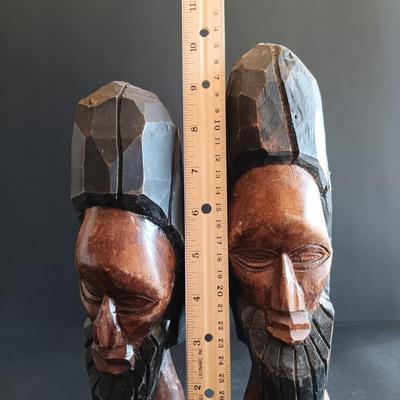 LOT 19: Nubian Art Deco Head Signed by Fred Press and Set of 2 Wood Carved Bearded Men Busts