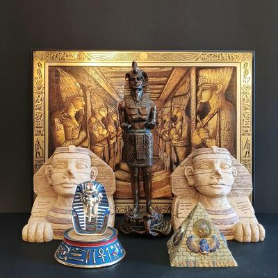 LOT 21: Egyptian Collection- Abu Simbel Hypostyle Hall Art, Sphynx Bookends, Tesori Porcelain Mask of Tutankhamun & More