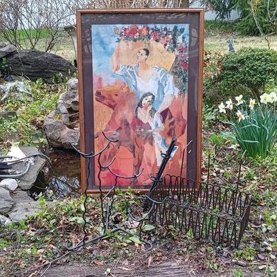 LOT 24: Pablo Picasso 'The Peasants' Framed Poster w/ Wine Stand, Metal Rack & Wall Hooks