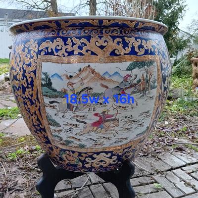 LOT 27: Large Chinese Porcelian Fishbowl with Clay Carp Statues