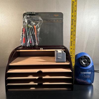LOT 47: Office Supplies Collection - Wall Hanging File Cabinet, Desk Essentials & More