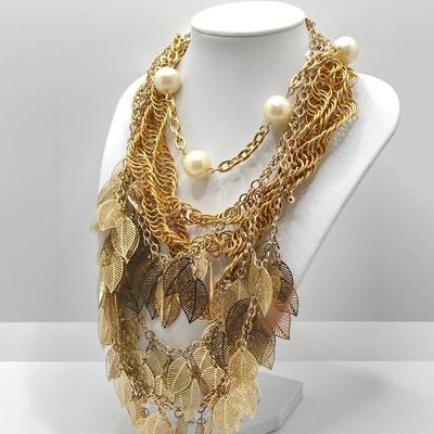 LOT 61: Multi Strand Gold Tone Necklaces, Faux Pearls & More