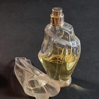 LOT 189: Vintage Perfume Bottles w/ Mirrored Tray, Bulova Vase & Soapstone Tissue Box