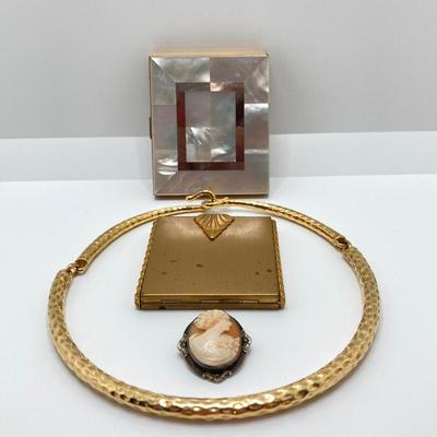 LOT 246: Vintage Compacts, Cameo Brooch and Fashion Choker Necklace