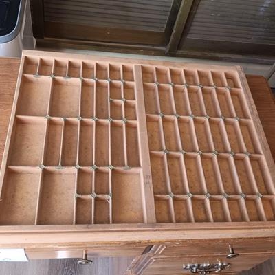 ANTIQUE PRINTERS DRAWER WITH BRASS ACCENTS