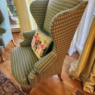 Pair Green Plaid Wingback Chairs w Pillow