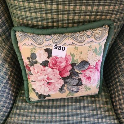 Pair Green Plaid Wingback Chairs w Pillow