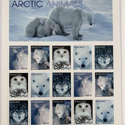 Arctic Animals: Arctic Hare, Arctic Fox, Snowy Owl, Polar Bear, and Gray Wolf, Full Sheet of 15 x 33-Cent Postage Stamps, USA 1999, Scott...