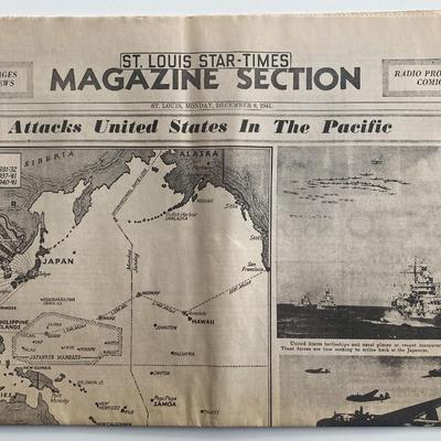 St. Louis Star-Times Magazine Section announcing Japan Attacks United States in the Pacific original 1941 vintage newspaper