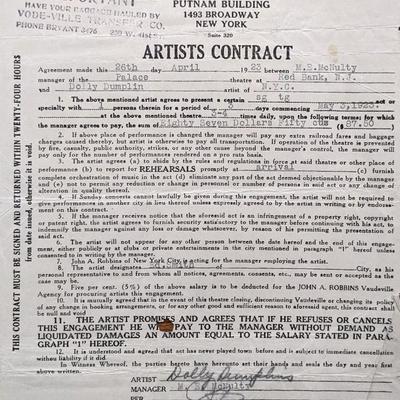 Dolly Dumplin Signed Vaudeville Artists Contract