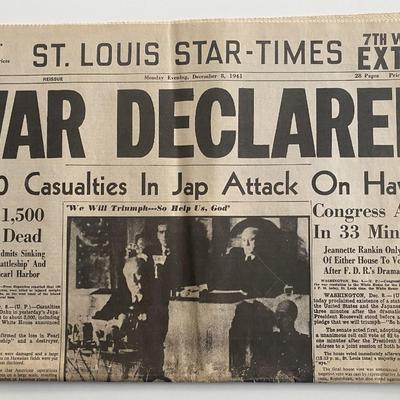 St. Louis Star-Times announcing US declared War original 1941 vintage newspaper