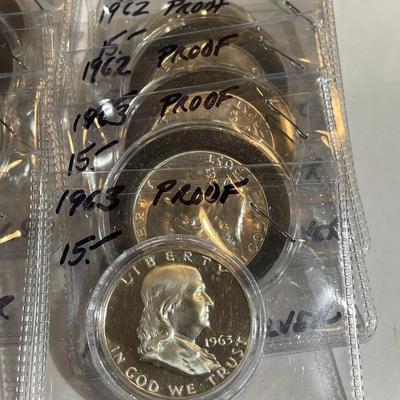 Lot of 10 Proof Franklin 90% Silver Half Dollars all in Cylinders as Pictured.