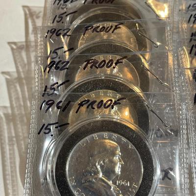 Lot of 10 Proof Franklin 90% Silver Half Dollars all in Cylinders as Pictured.