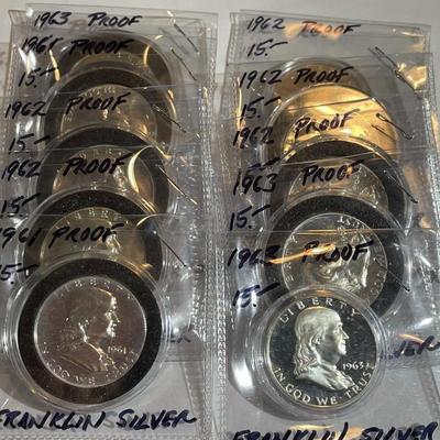 Lot of 10 Proof Franklin 90% Silver Half Dollars all in Cylinders as Pictured.