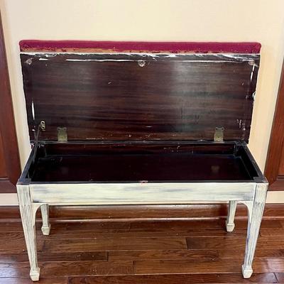 Vtg. Solid Wood Painted & Distressed Piano Bench With Needlepoint Seat