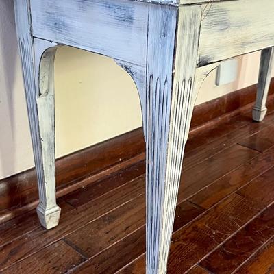 Vtg. Solid Wood Painted & Distressed Piano Bench With Needlepoint Seat