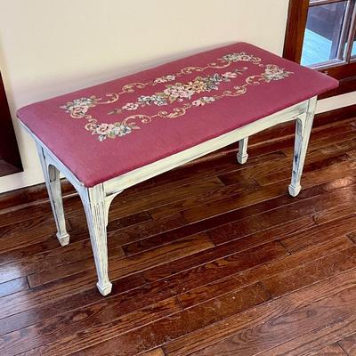 Vtg. Solid Wood Painted & Distressed Piano Bench With Needlepoint Seat