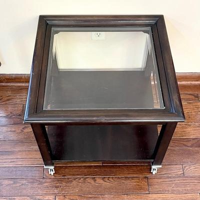 AFD ~ Pair (2) ~Inlaid Wood Beveled Glass Top Side Tables