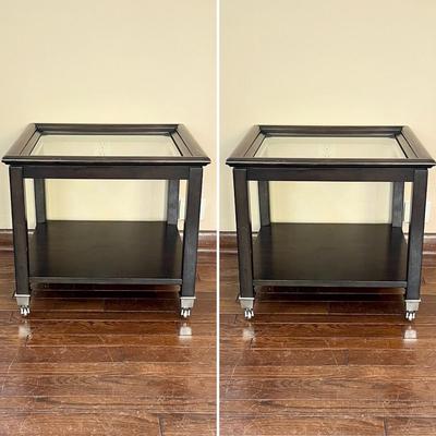 AFD ~ Pair (2) ~Inlaid Wood Beveled Glass Top Side Tables