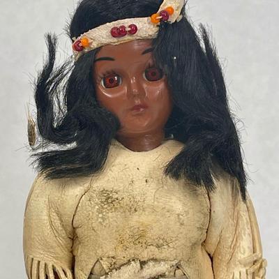 Pair of Native American Eskimo Inuit Doll Suede Moccasins Fur Sleepy Eyes