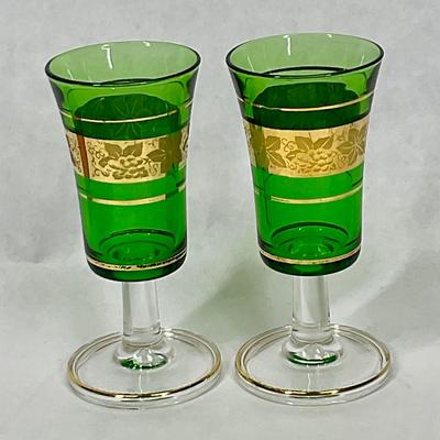Bohemian Green Glass With Gold Trim Liquor Shot Glasses - 2 pc - Stemware pieces