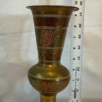 Vintage India floral colored engraved brass vase 9in